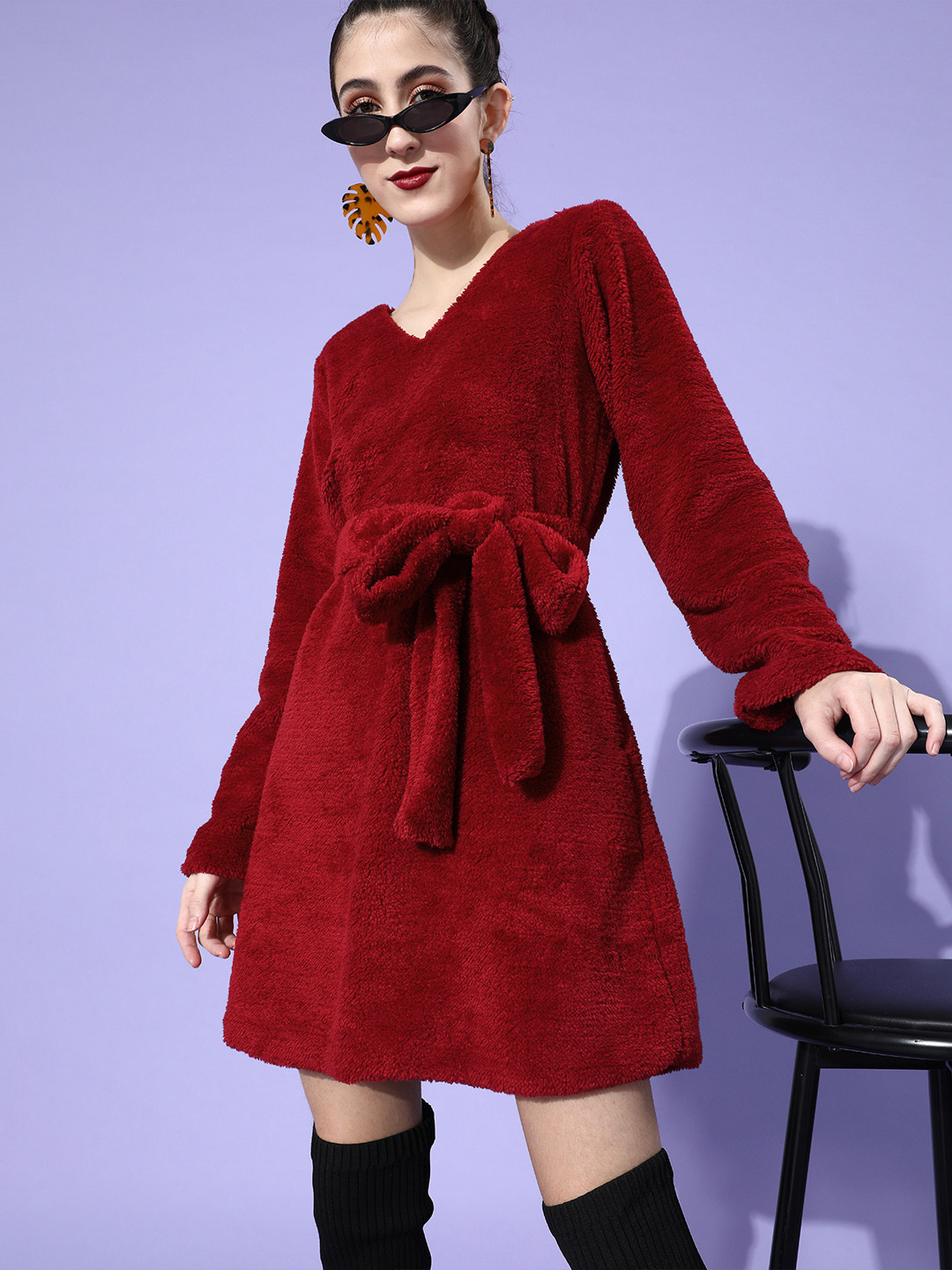 Athena Red A-line Fur Dress with Pocket Detail