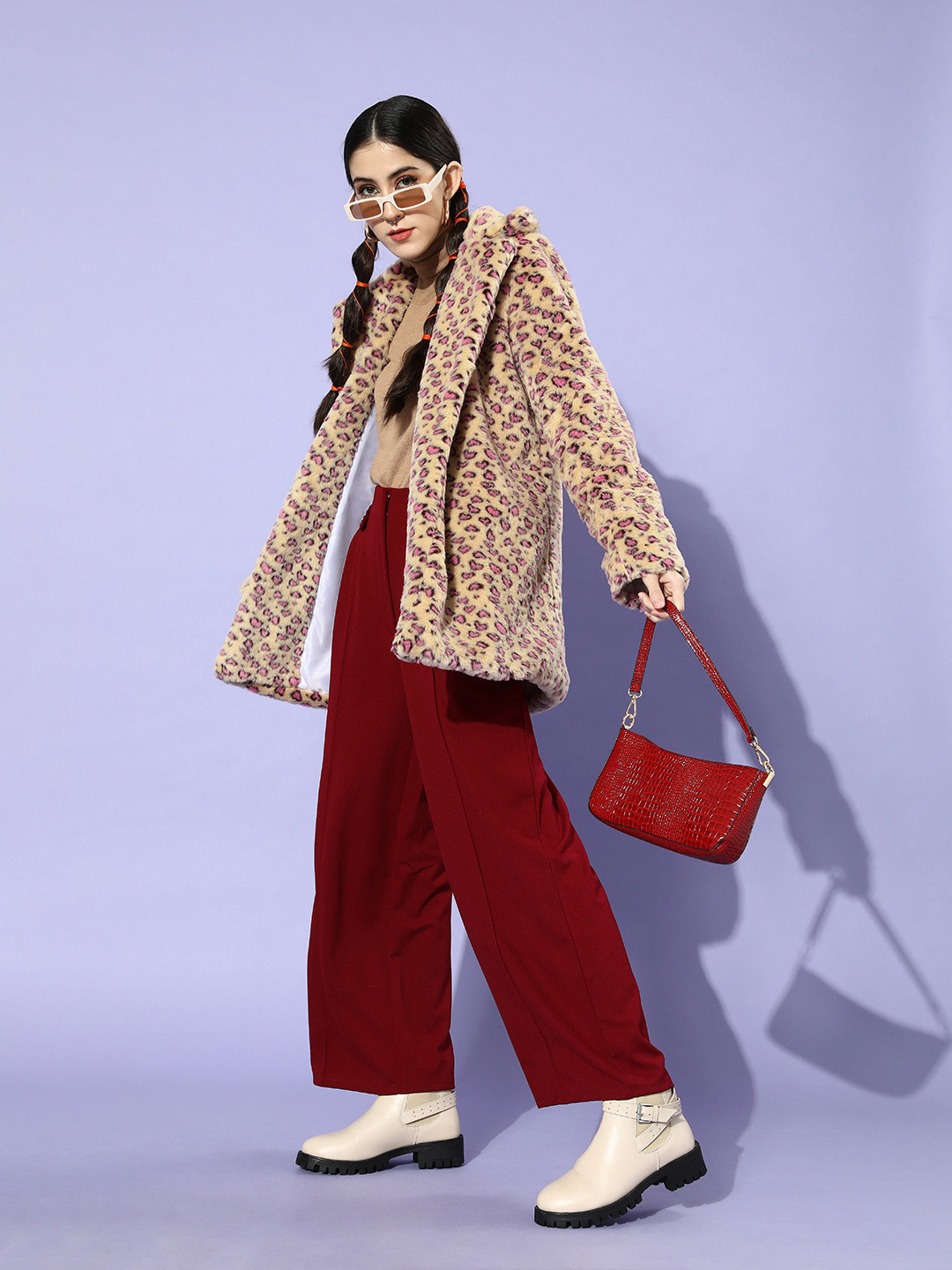 Athena Women Beige & Pink Animal Printed Faux Fur Trench Coat