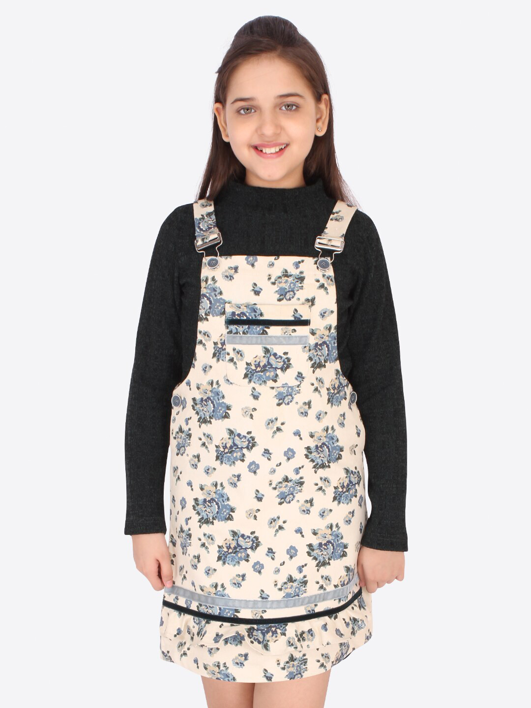 CUTECUMBER Cream-Coloured Floral Pinafore Dress