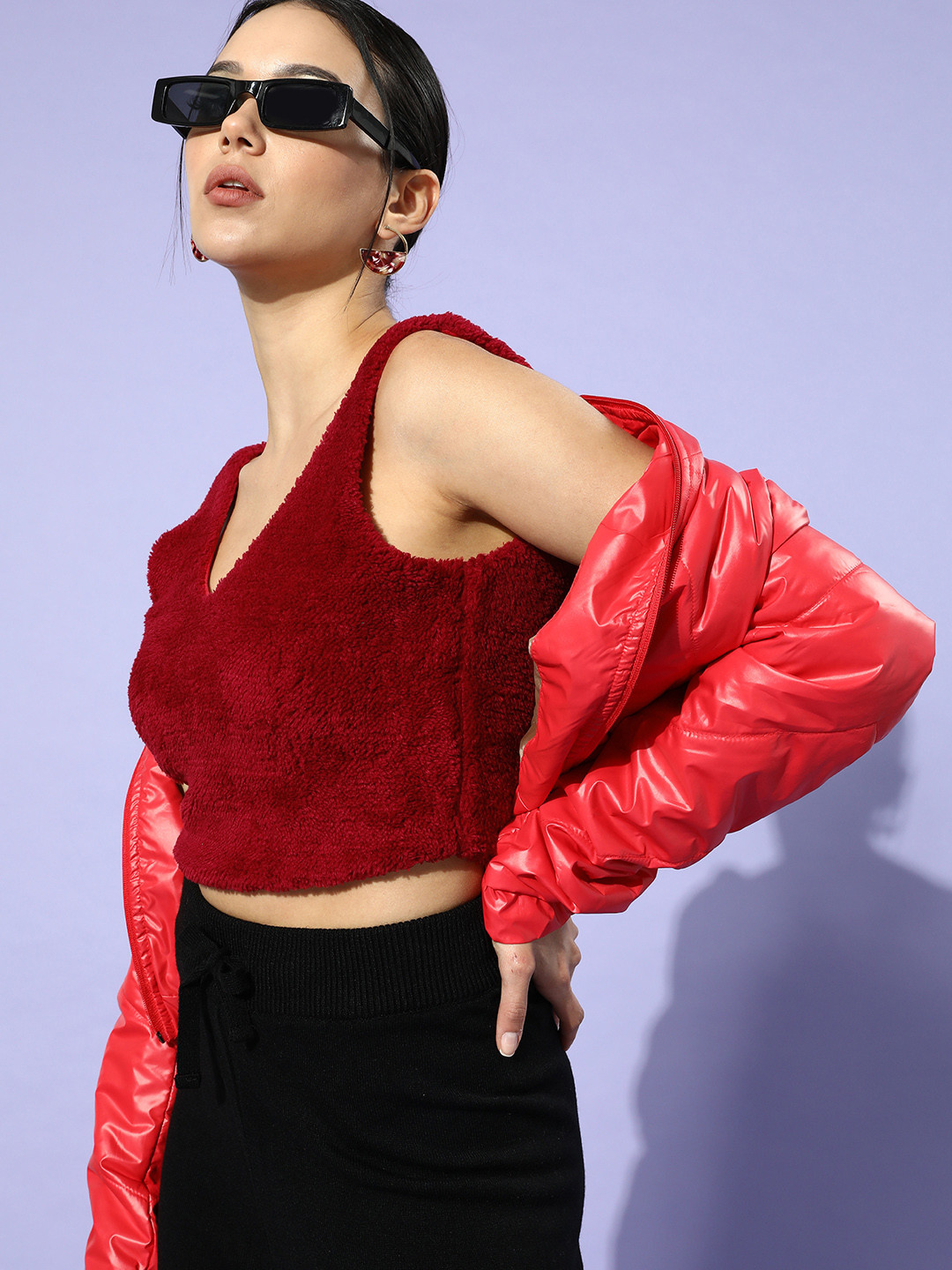 Athena Red Faux Fur Fitted Crop Top