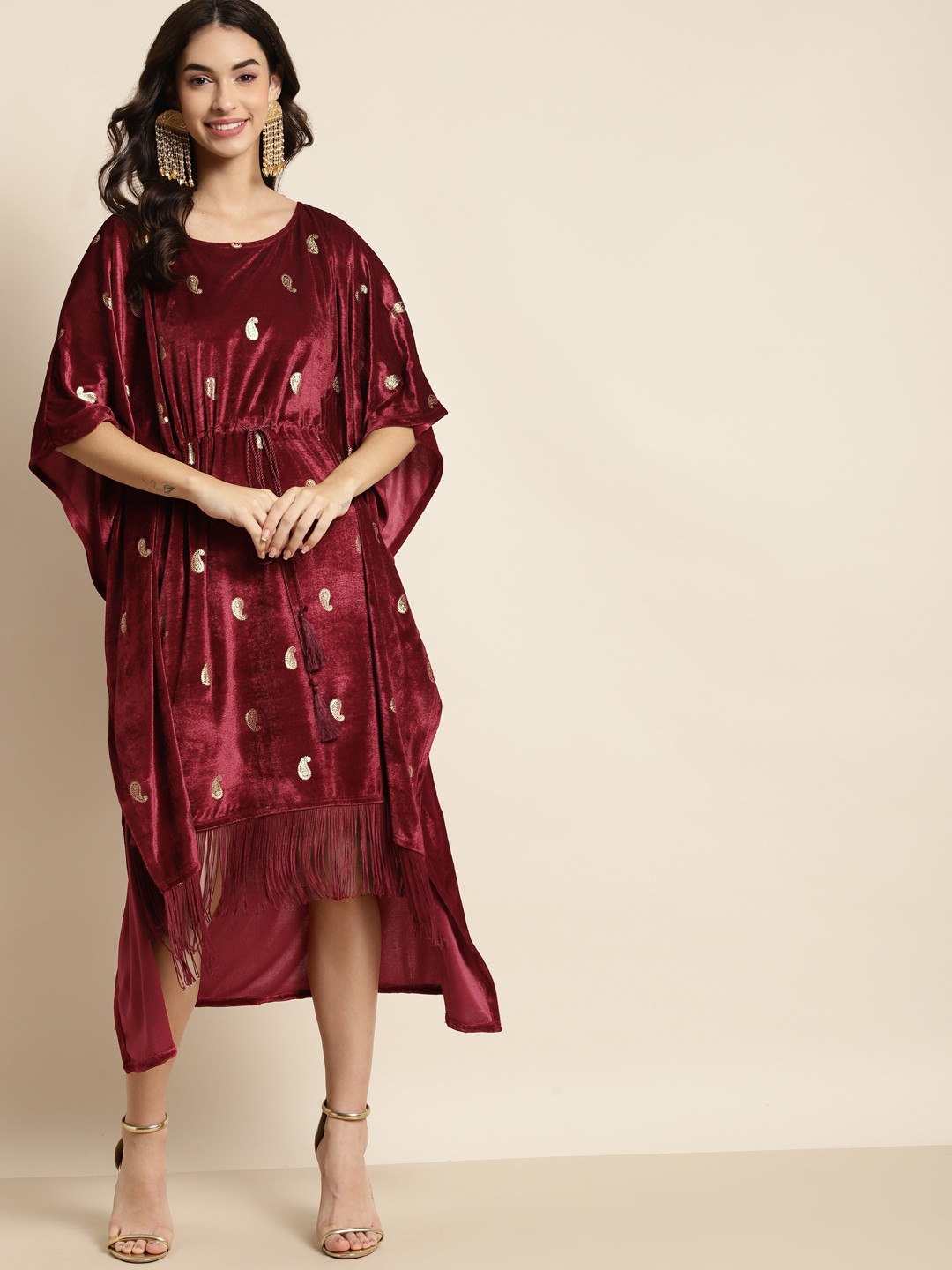 Shae by SASSAFRAS Maroon & Gold-Toned Foil Print Fringed Velvet Kaftan Dress