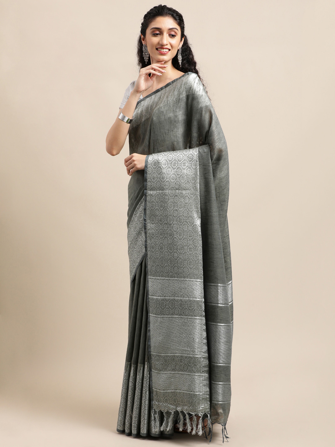 swatika Grey Woven Design Handloom Zari Silk Blend Bhagalpuri Saree
