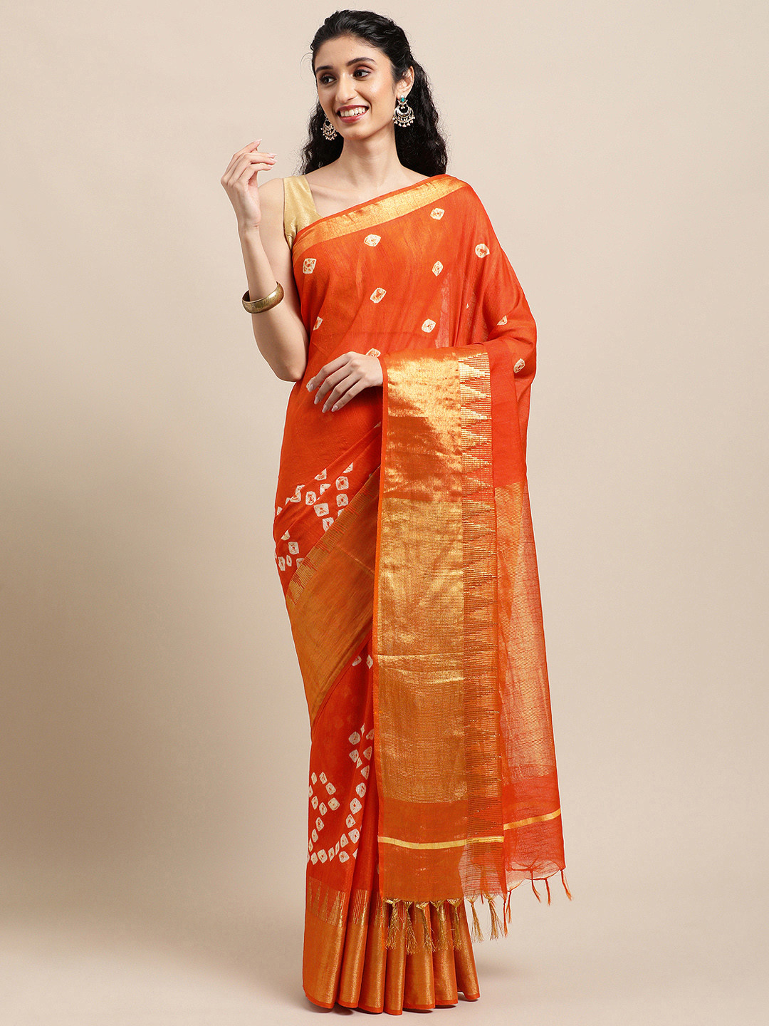 swatika Orange Zari Silk Blend Handloom Bhagalpuri Saree