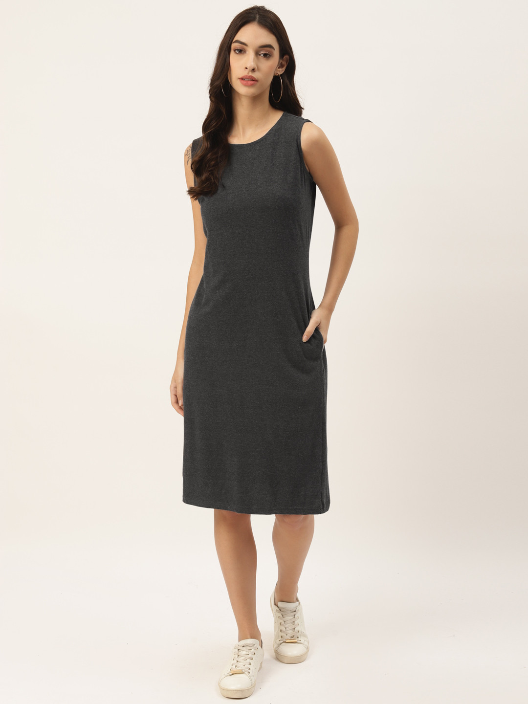 BRINNS Grey Pure Cotton Solid  A-Line Sleeveless Dress
