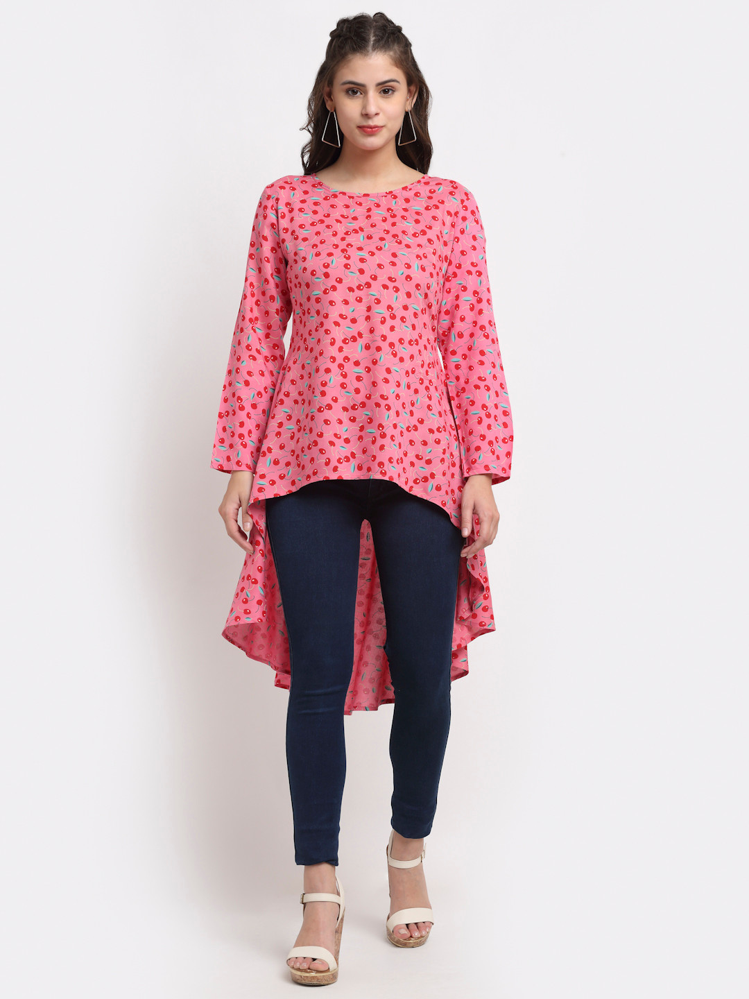 BRINNS Women Pink & Red Conversational Print Longline High-Low Top