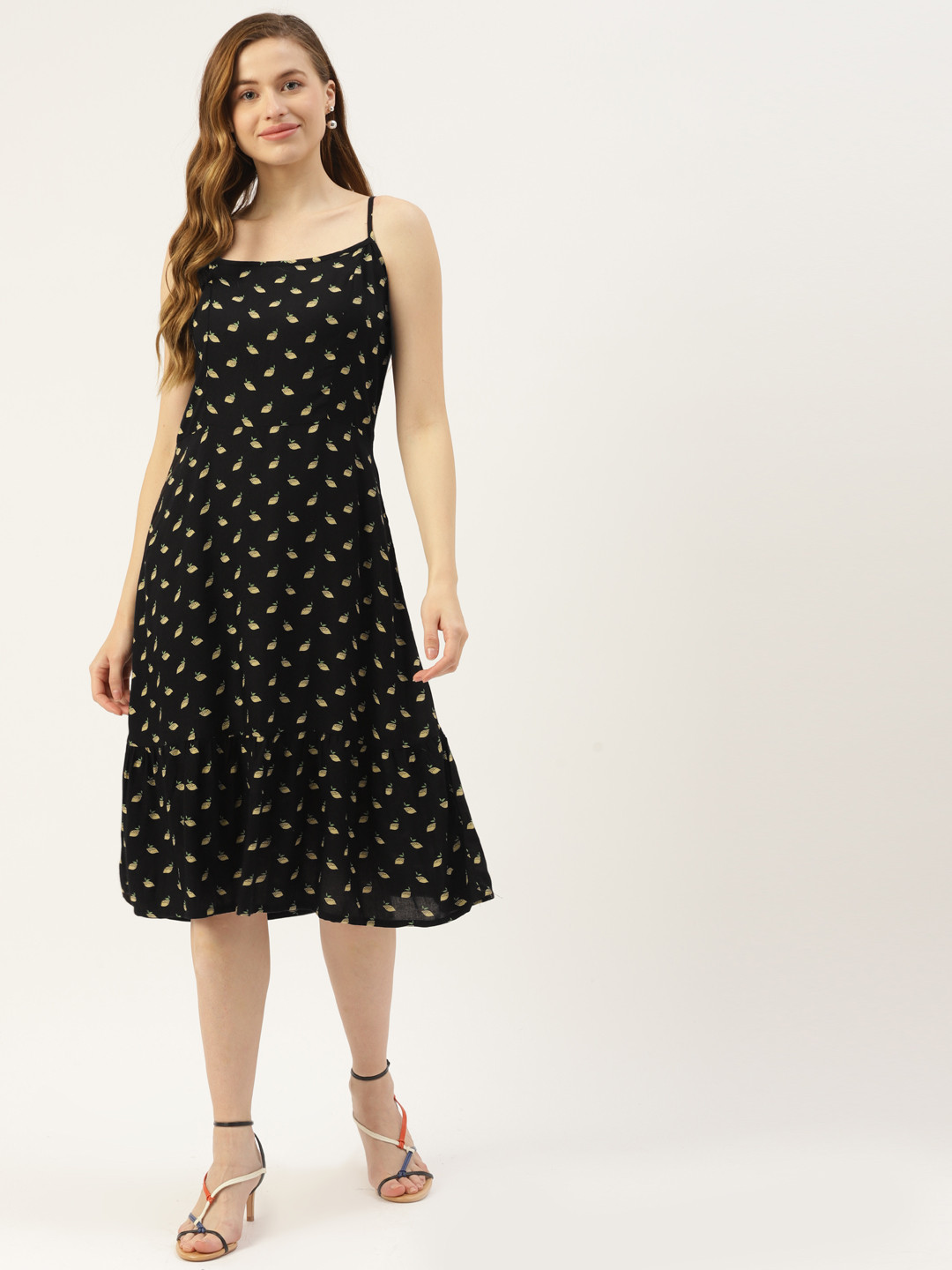 BRINNS Black & Yellow Lemon Print Fit & Flare Midi Dress
