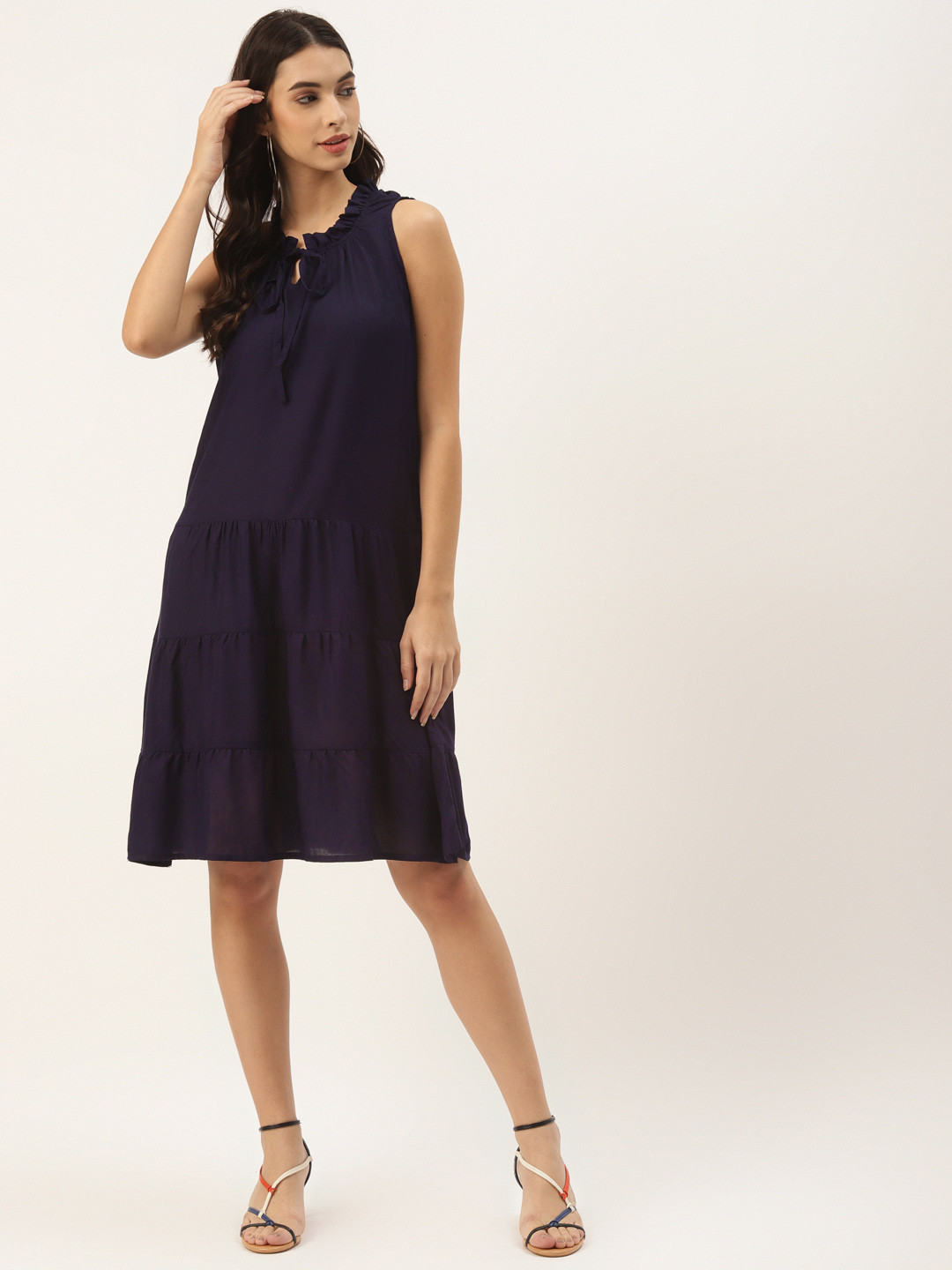 BRINNS Navy Blue Solid Tie-Up Neck A-Line Dress