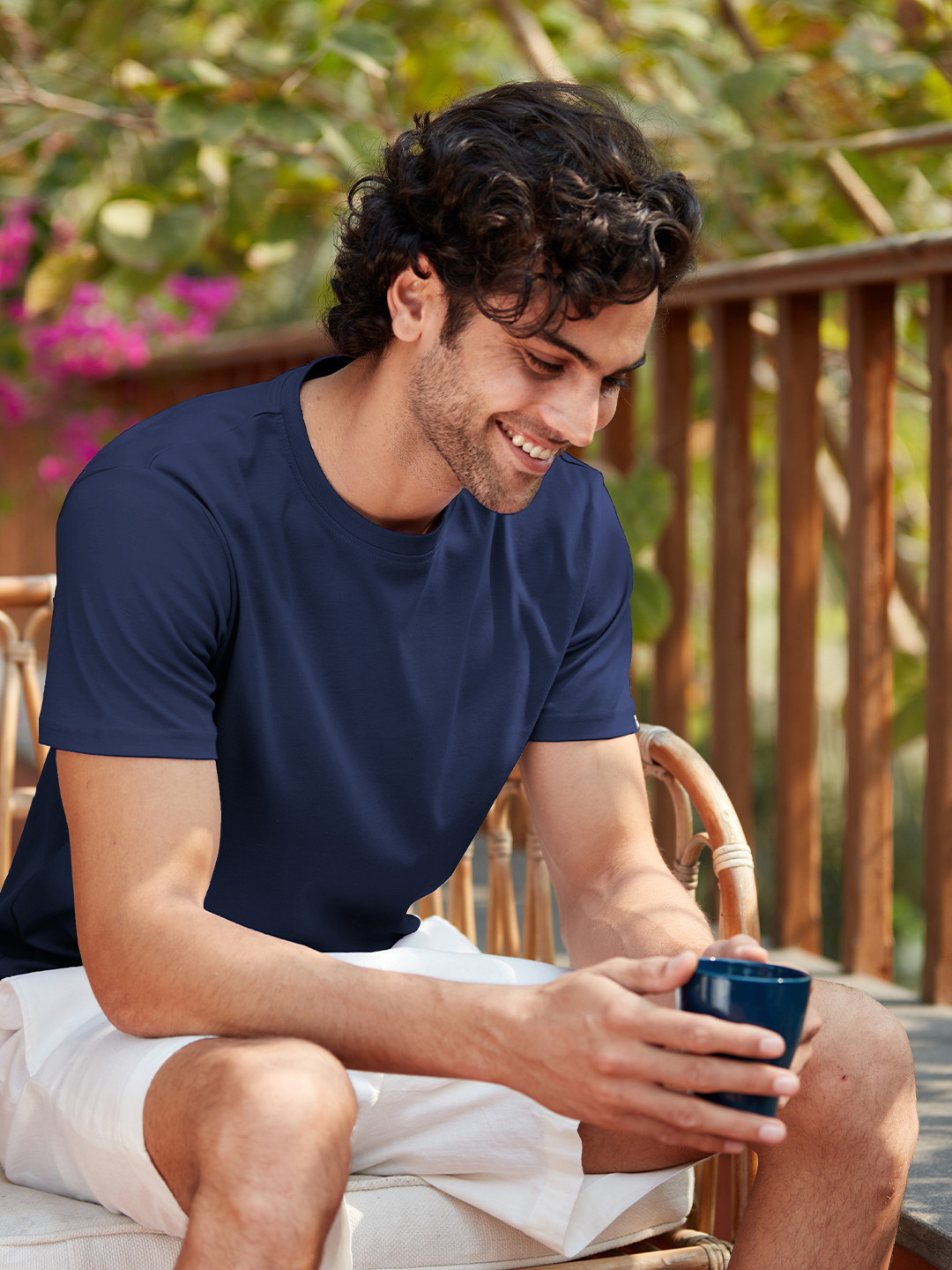 The Souled Store Men Navy Blue Casual Supima Half Sleeve Solid Cotton T-shirt