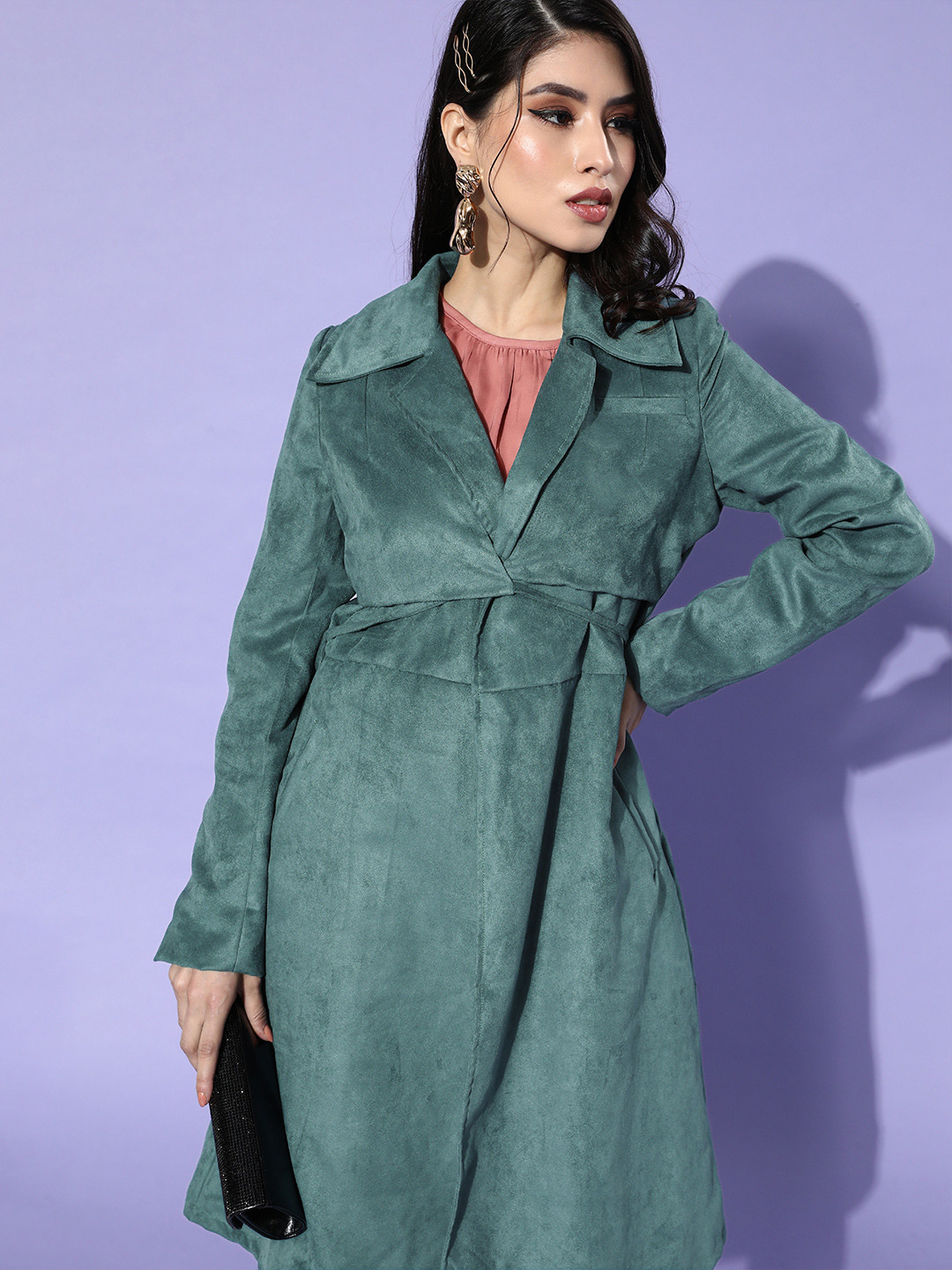 Athena Women Teal Solid Trench Coat