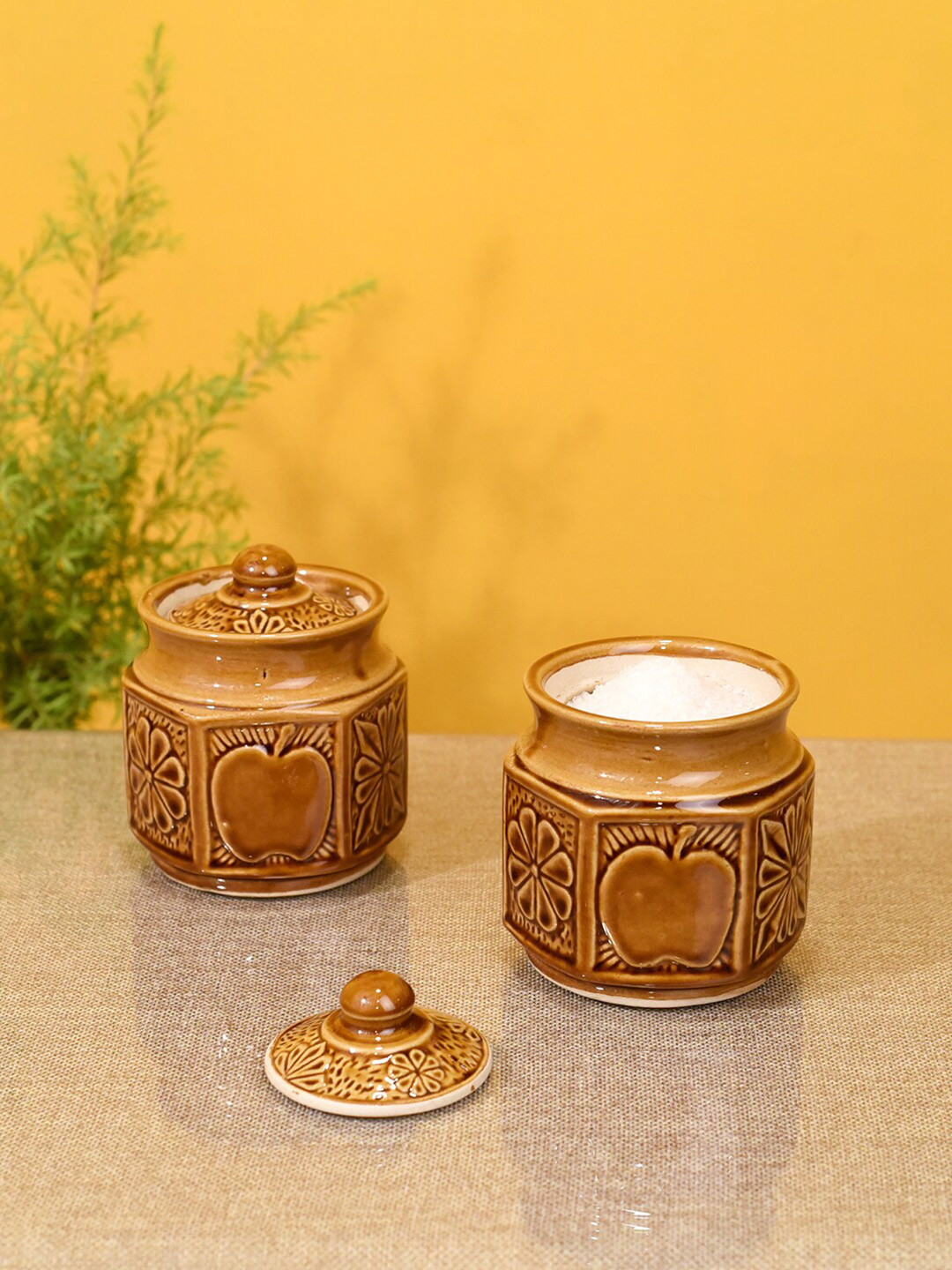 Aakriti Art Creations Brown Floral Ceramic 2 Piece Clip-On Canister