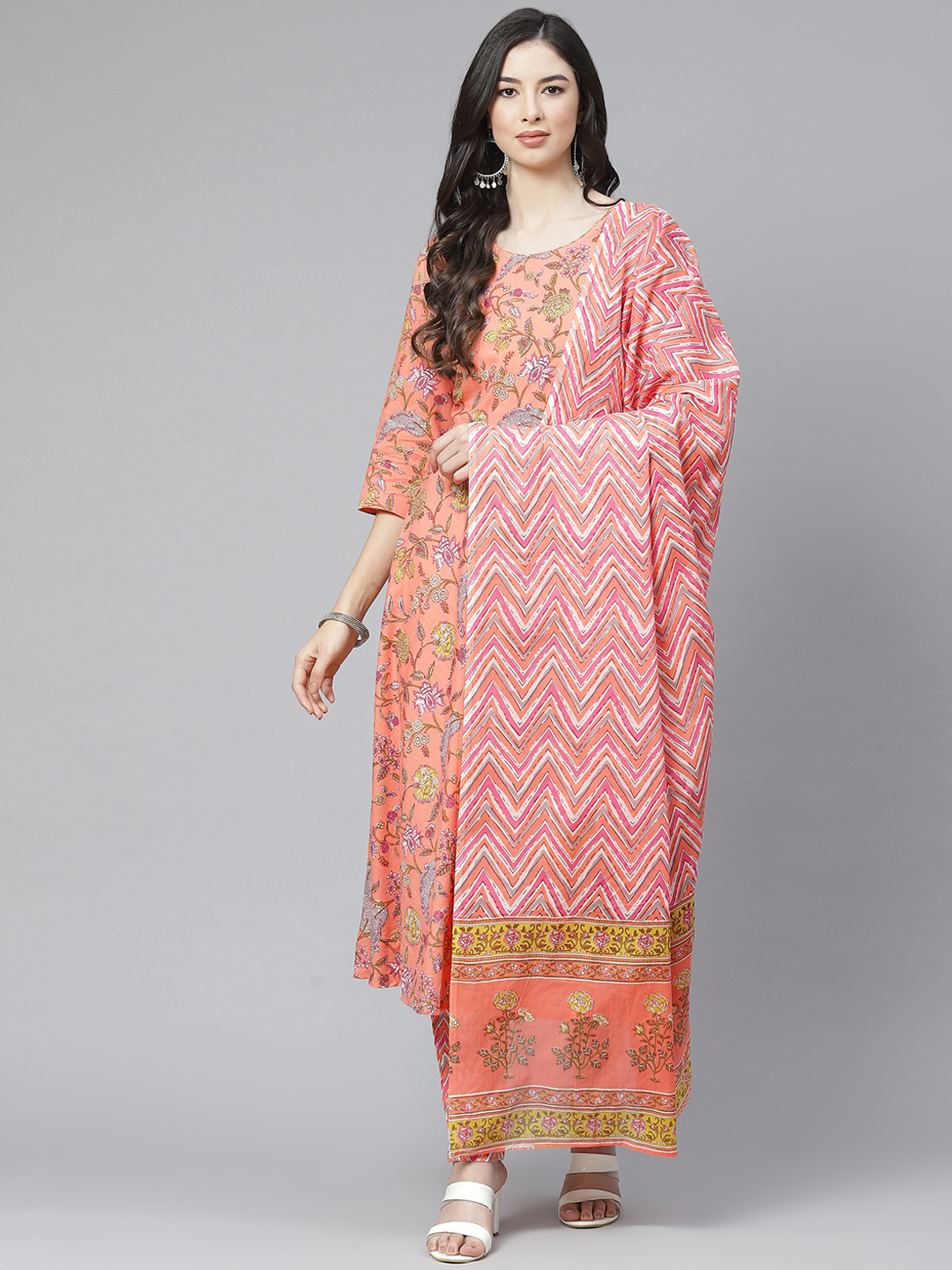 ESME Women Pink Floral Printed Regular Pure Cotton Kurta with Trousers & With Dupatta