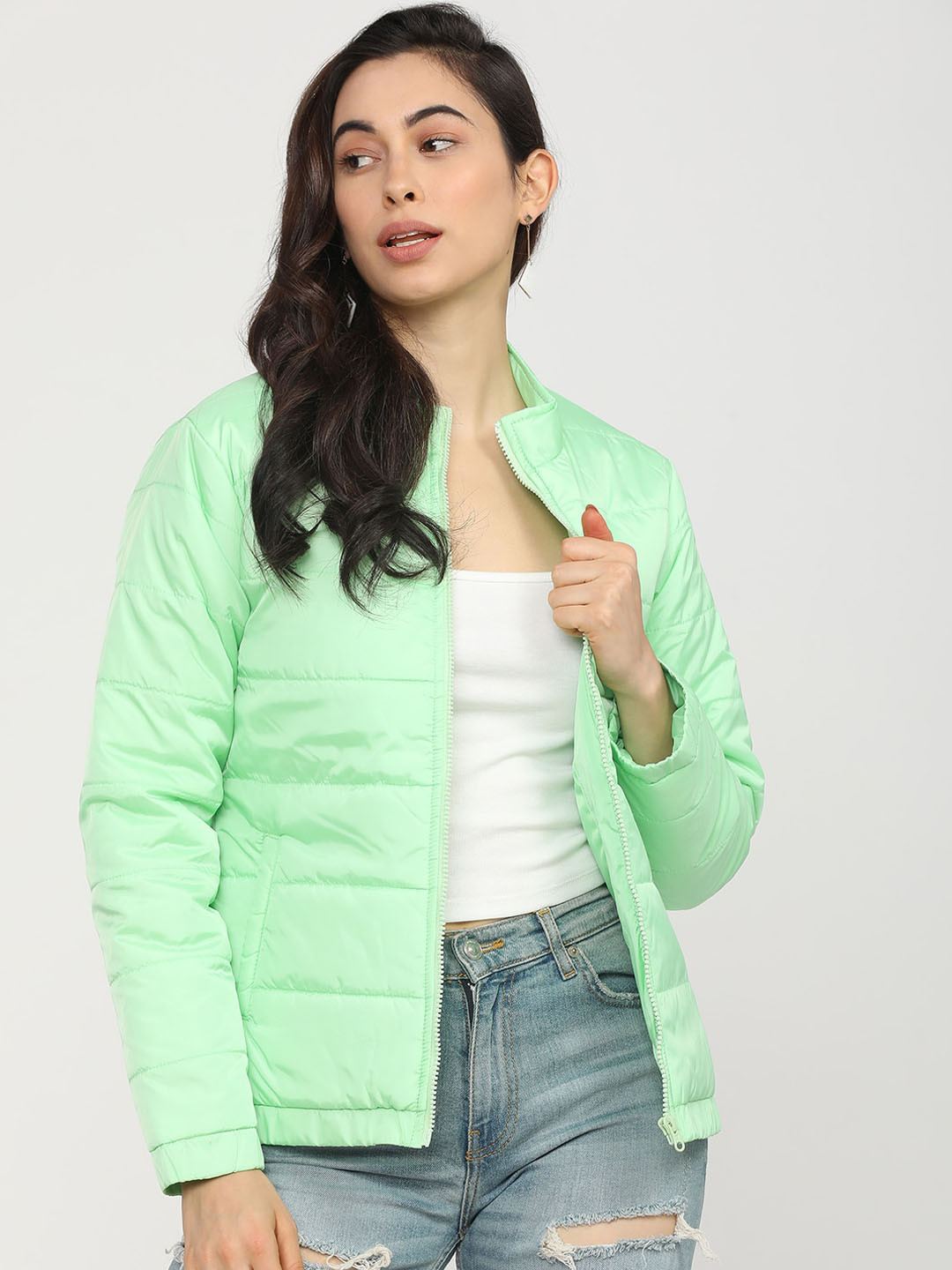 Tokyo Talkies Women Mint Green Floral Puffer Jacket with Embroidered