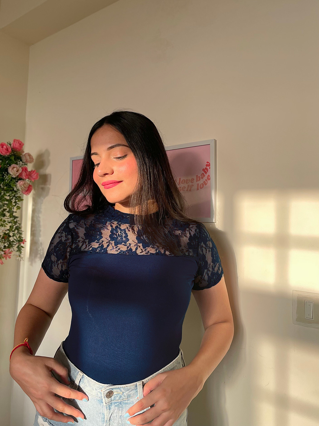 Tokyo Talkies Navy Blue Lace Regular Top
