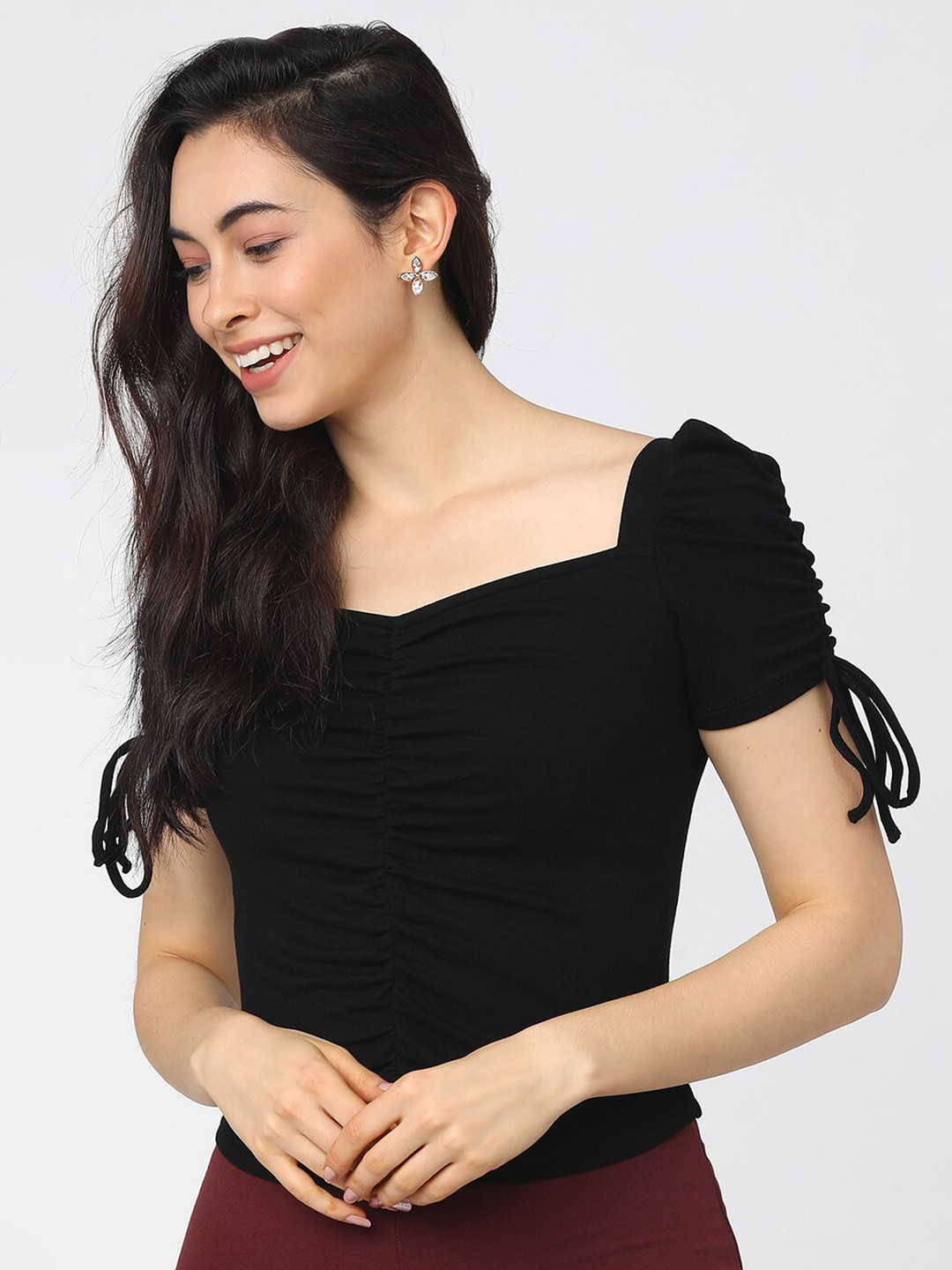 Tokyo Talkies Black Sweetheart Neck Regular Top