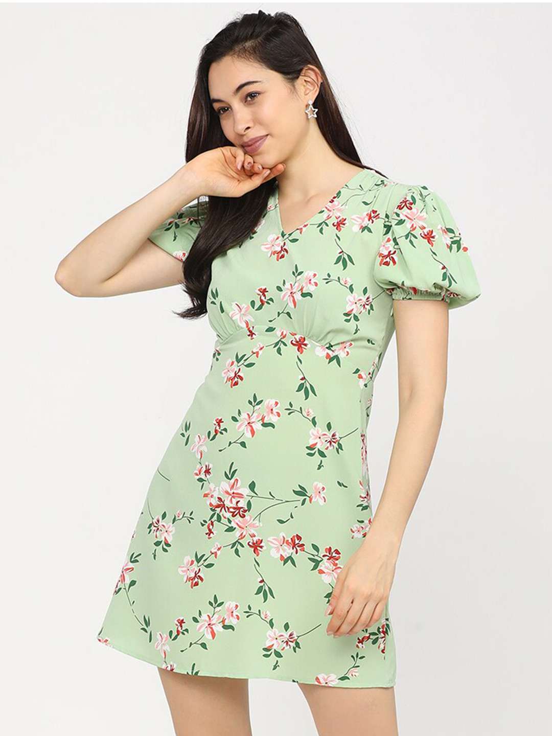 Tokyo Talkies Green Floral A-Line Dress