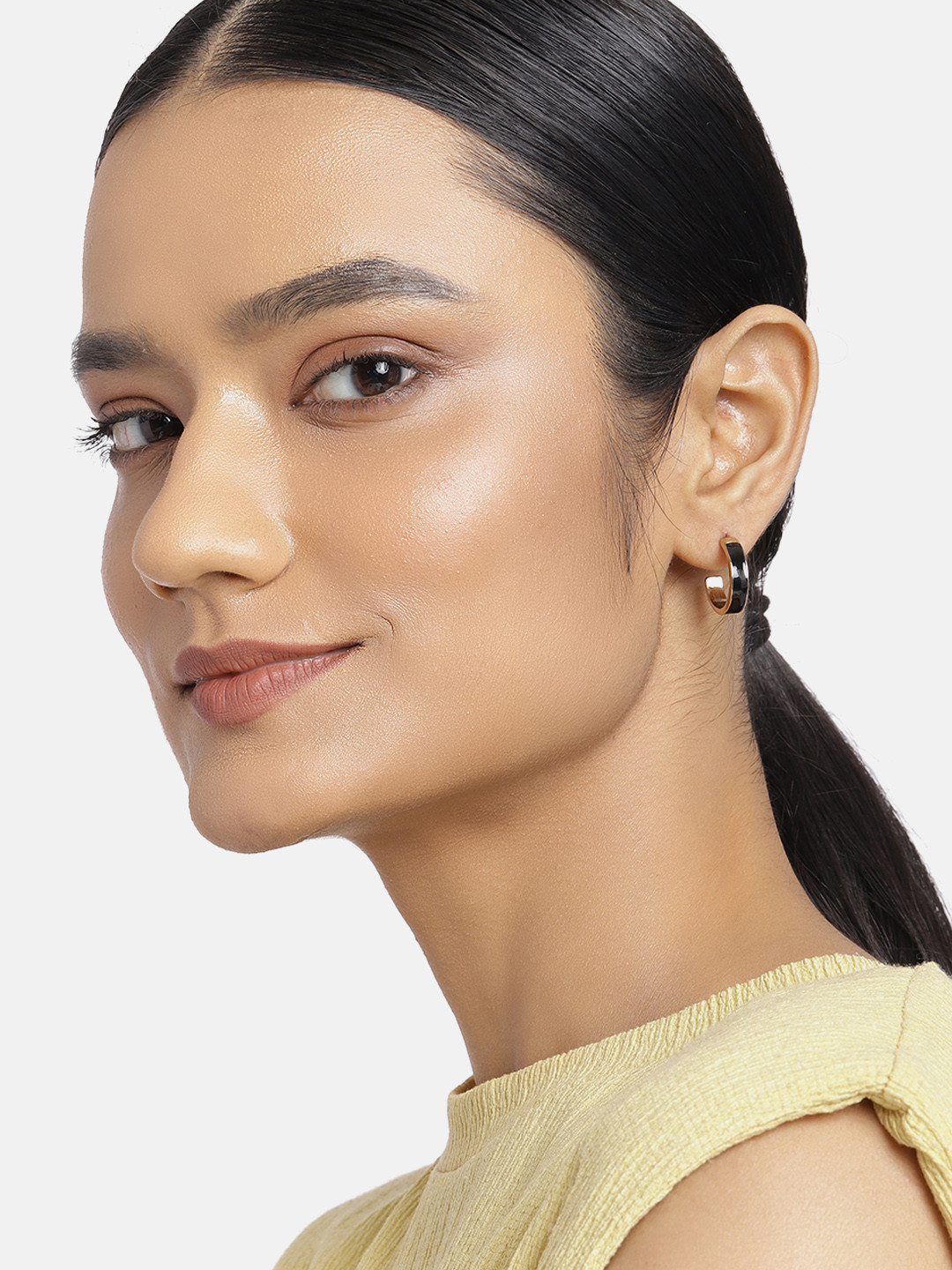 Estele Women Gold-Toned & Black Contemporary Half Hoop Earrings