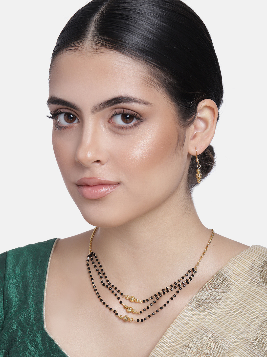 Estele Gold Plated Magnificent Triple Layer Bead Mangalsutra Necklace Set