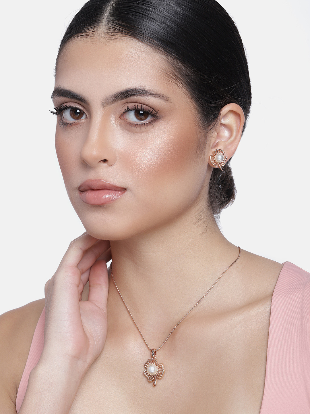 Estele Rose Gold Plated Pearl Leaf Jewellery Set