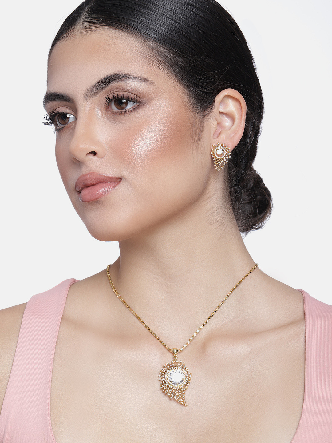 Estele Gold Plated CZ Shimmering Pendant Necklace Set