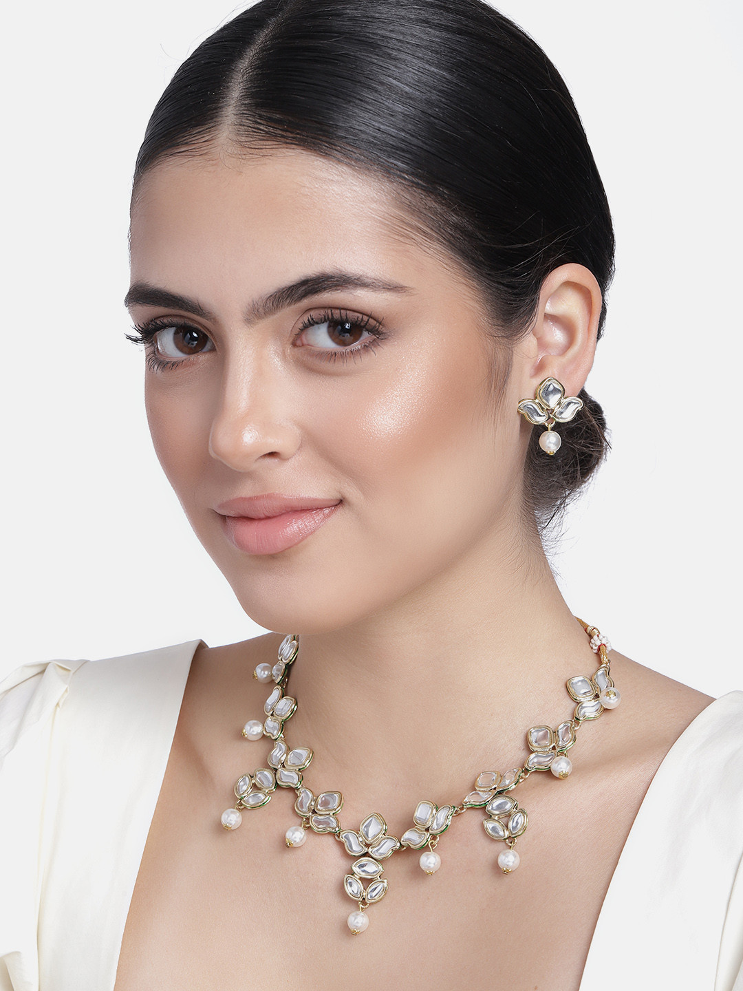 Estele Gold Plated Traditional Kundan Pearl Lily Necklace Set