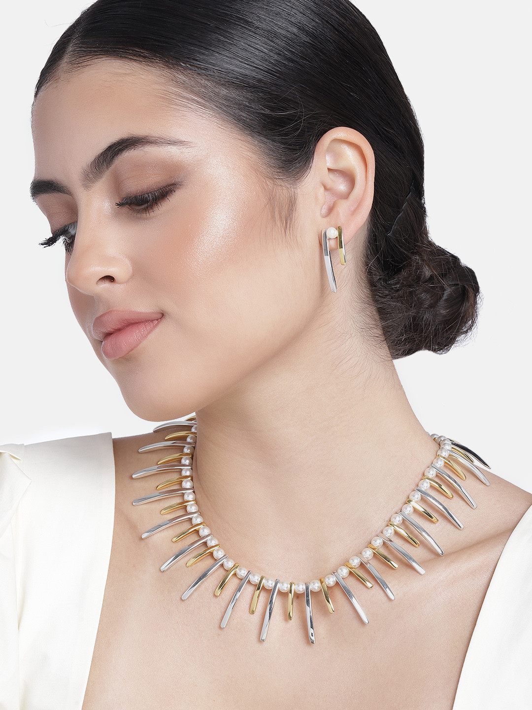 Estele Gold & Rhodium Plated Spike Designer Necklace Set with Pearls for Women