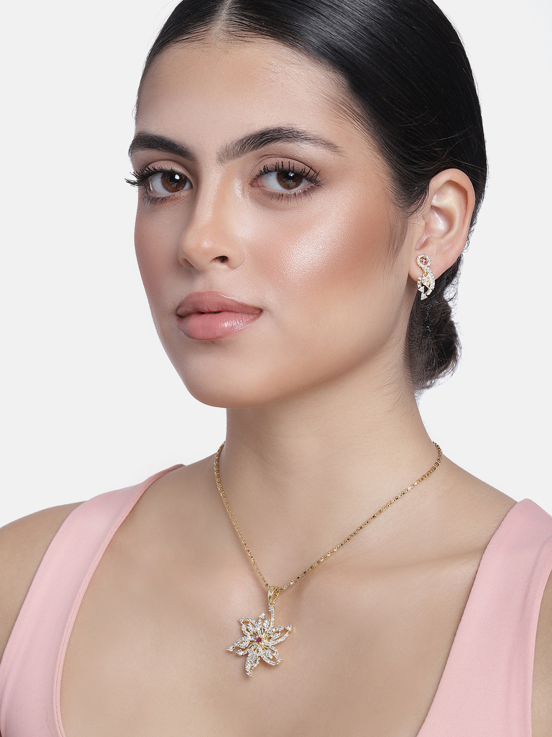 Estele White Gold Plated CZ Flower Shaped Jewellery Set with Ruby Stones