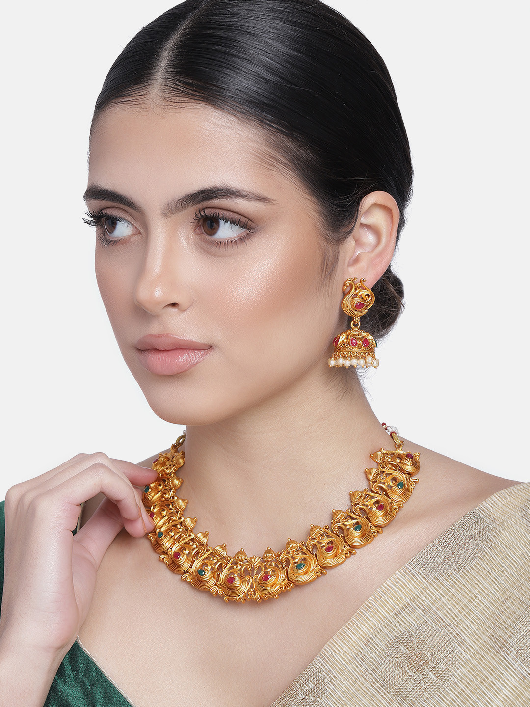 Estele Gold Plated Holy Swans Nakshi Temple Necklace Set with Colored Stones and Pearls