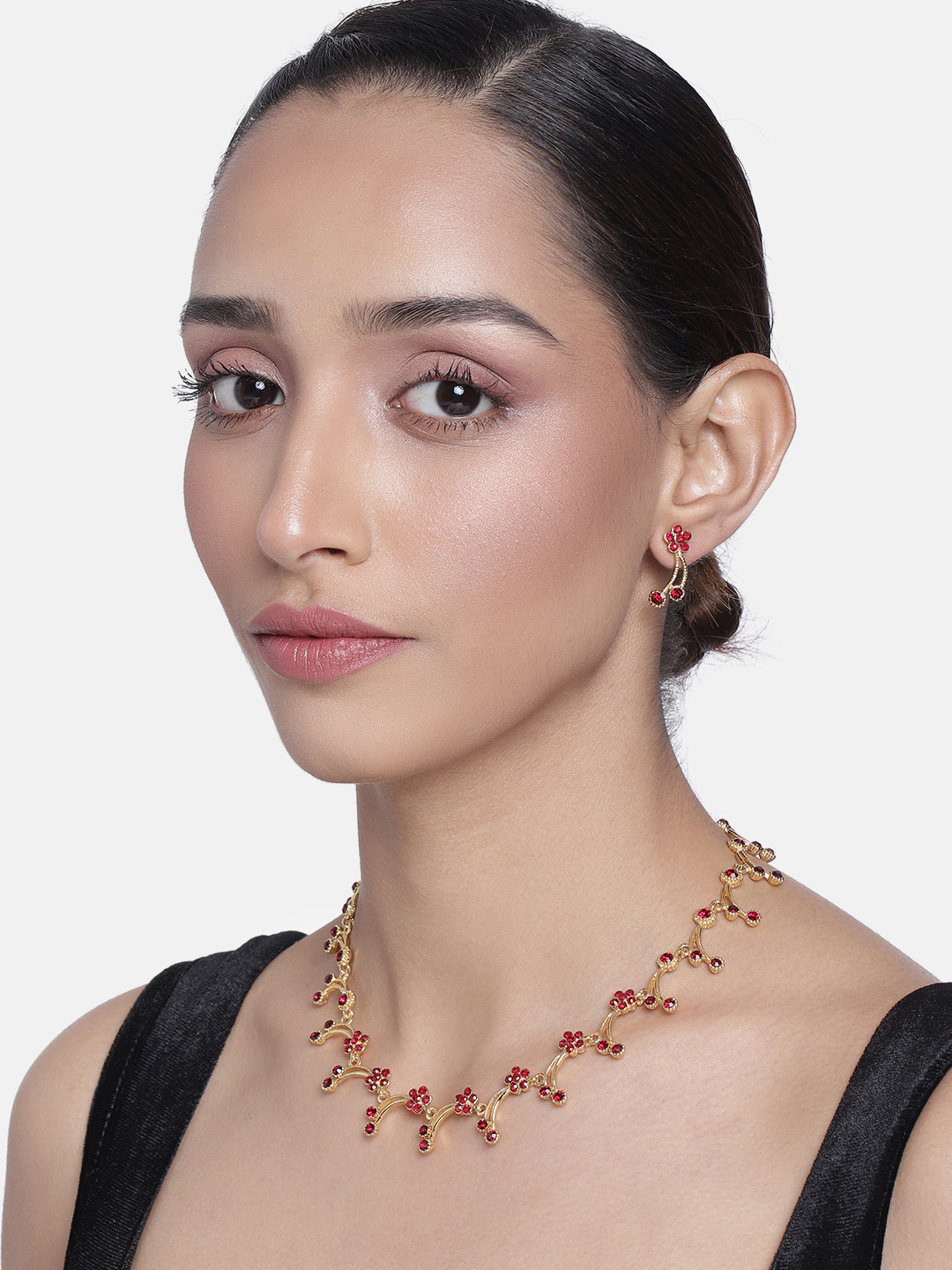 Estele Red Gold Plated Dalia Hanging Bloom Jewellery Set with Crystals