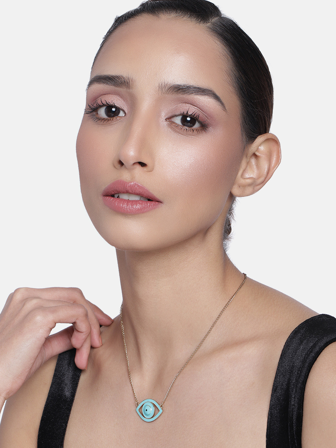 Estele Women Gold-Plated & Turquoise Blue Enamel Evil Eye Pendant Necklace
