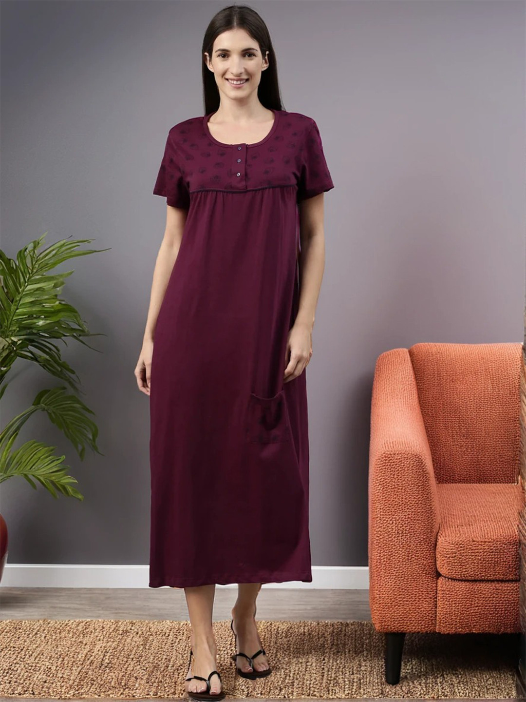 Kryptic Burgundy Printed Pure Cotton Maxi Nightdress