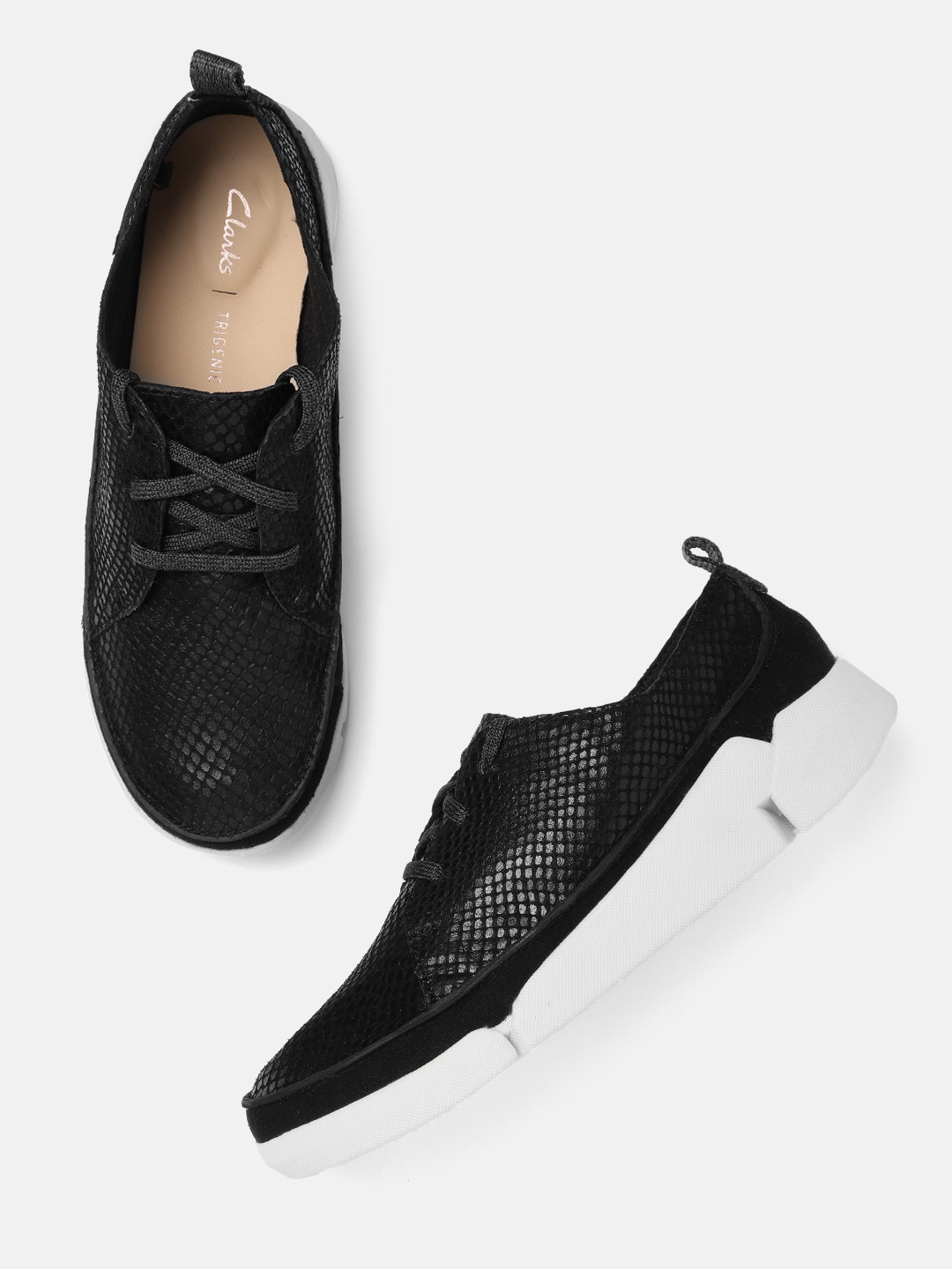 Clarks Women Black Snakeskin Textured Leather Sneakers