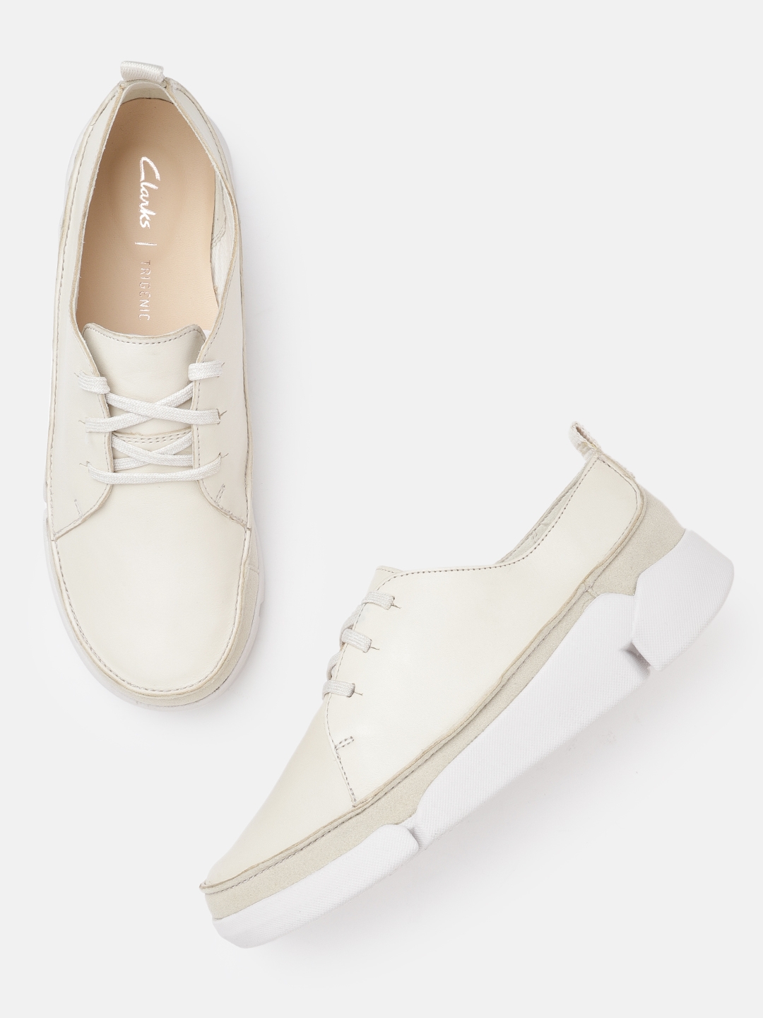 Clarks Women Off-White Leather Sneakers