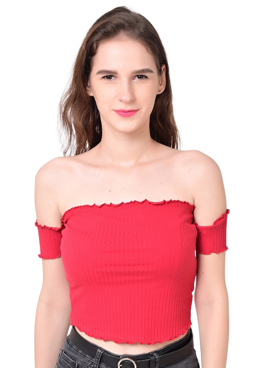 NoBarr Red Off-Shoulder Fitted Crop Top