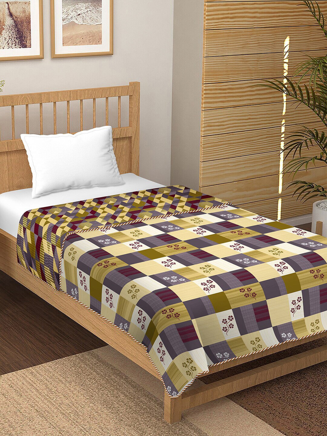 BELLA CASA Green & Grey Floral AC Room 210 GSM Single Bed Dohar