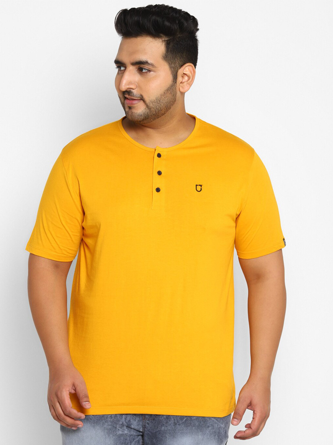 Urbano Plus Men Mustard Yellow Henley Neck Cotton T-Shirt