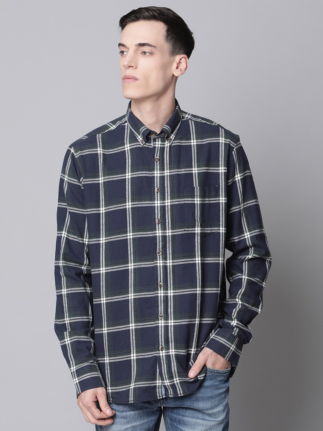LINDBERGH Men Navy Blue Windowpane Checked Casual Shirt