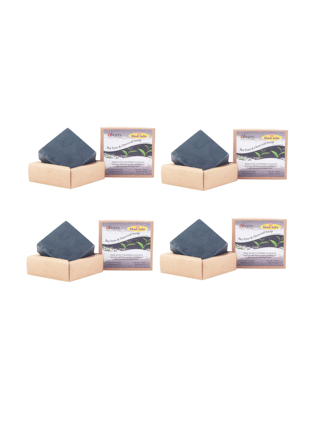 abeers Set of 4 Brown Handmade Tea Tree & Charcoal Soap 120 g