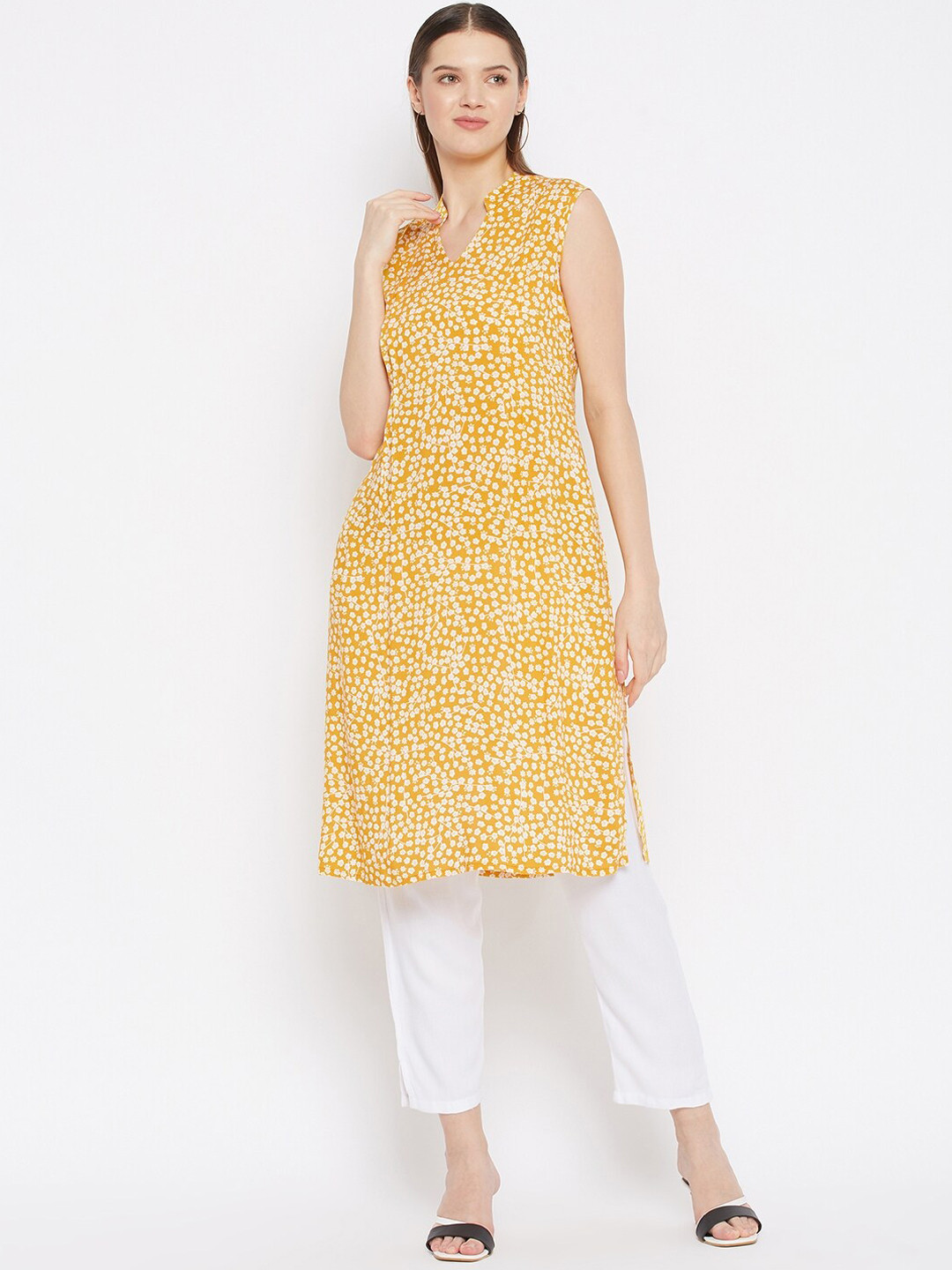 Imfashini Women Yellow Floral Printed Keyhole Neck Kurta