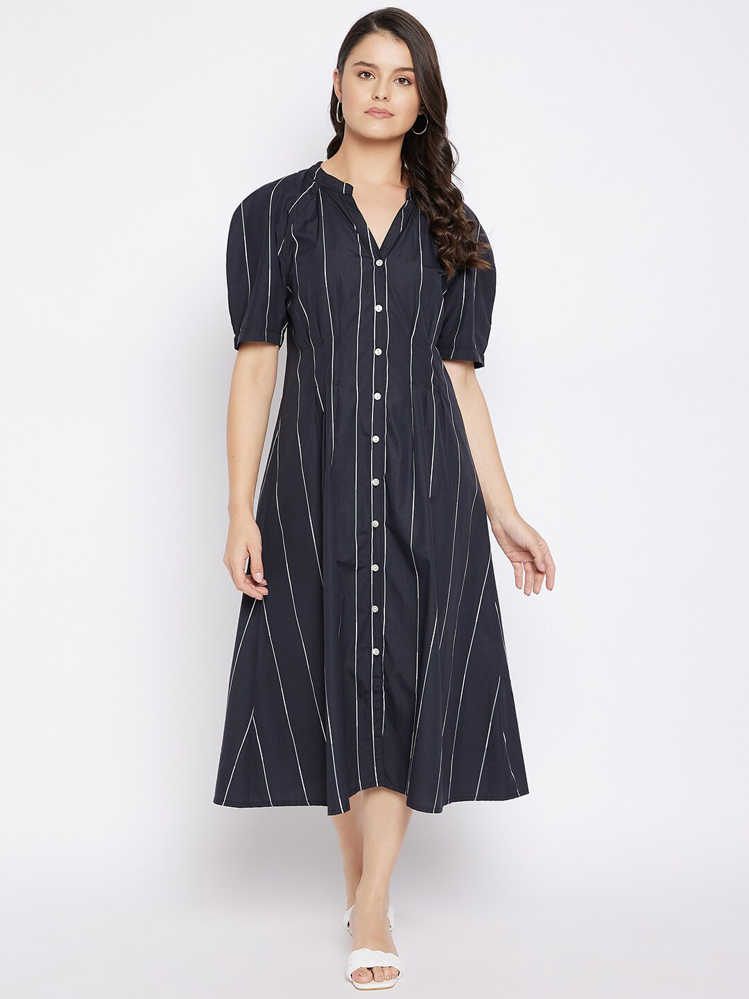 Ruhaans Navy Blue & White Striped Shirt Midi Dress