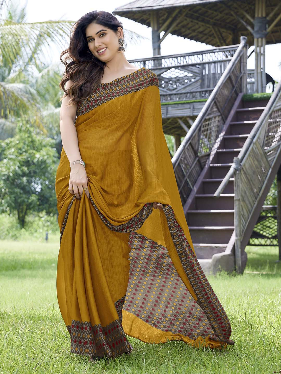 KALINI Mustard & Brown Printed Saree