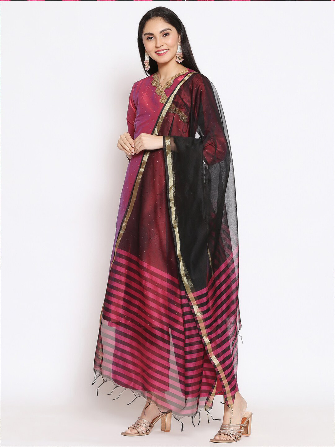Dupatta Bazaar Black & Fuchsia Striped Dupatta