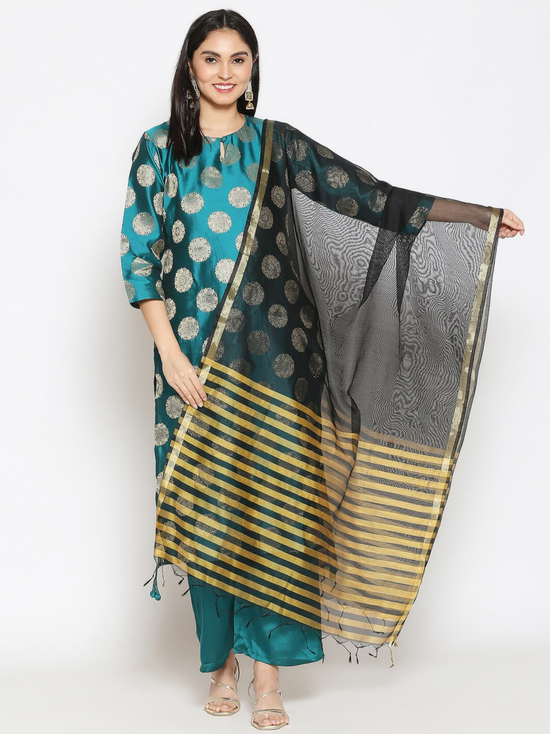 Dupatta Bazaar Black & Mustard Yellow Striped Dupatta with Zari