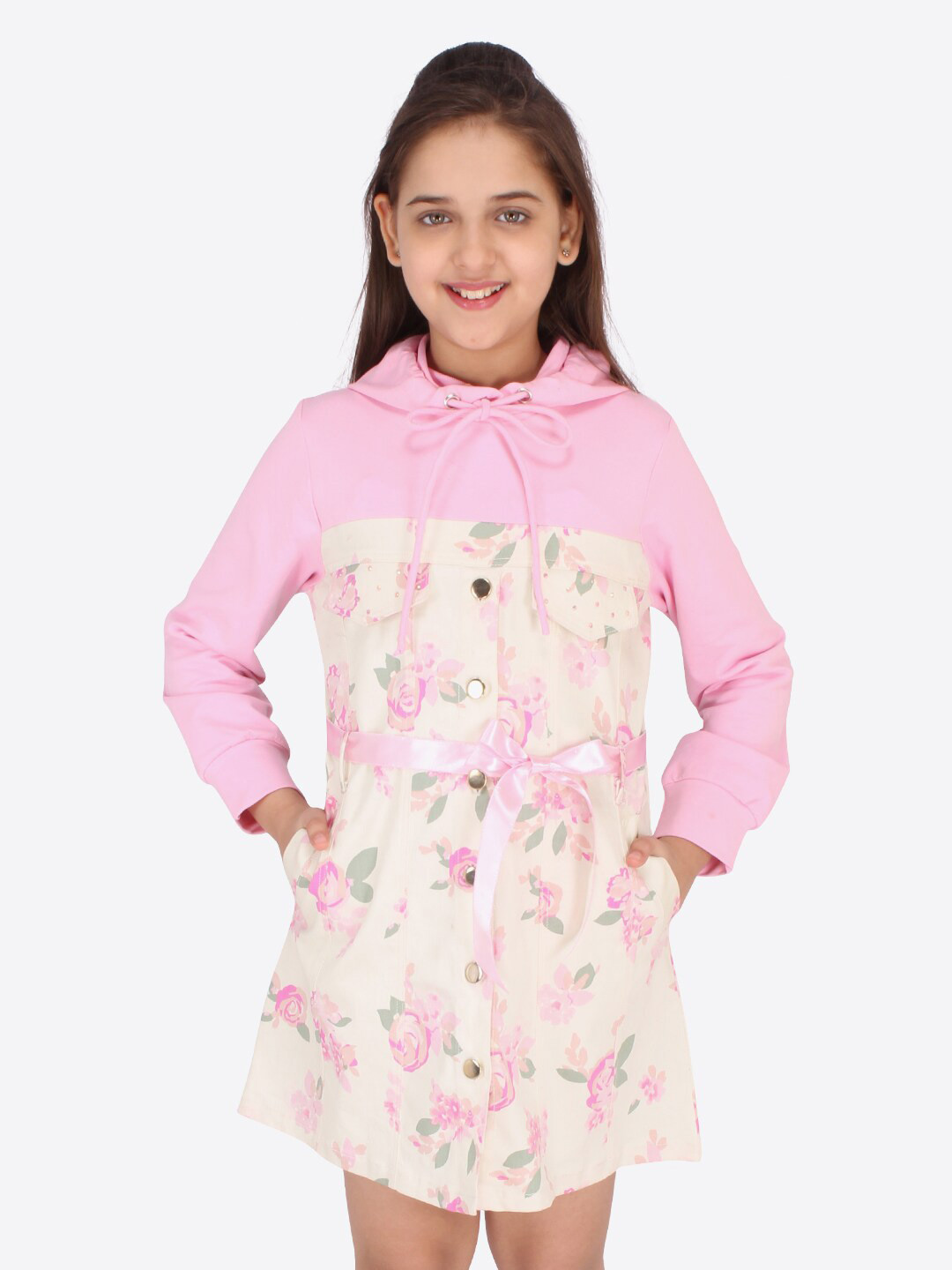 CUTECUMBER Pink Floral Denim Shirt Dress