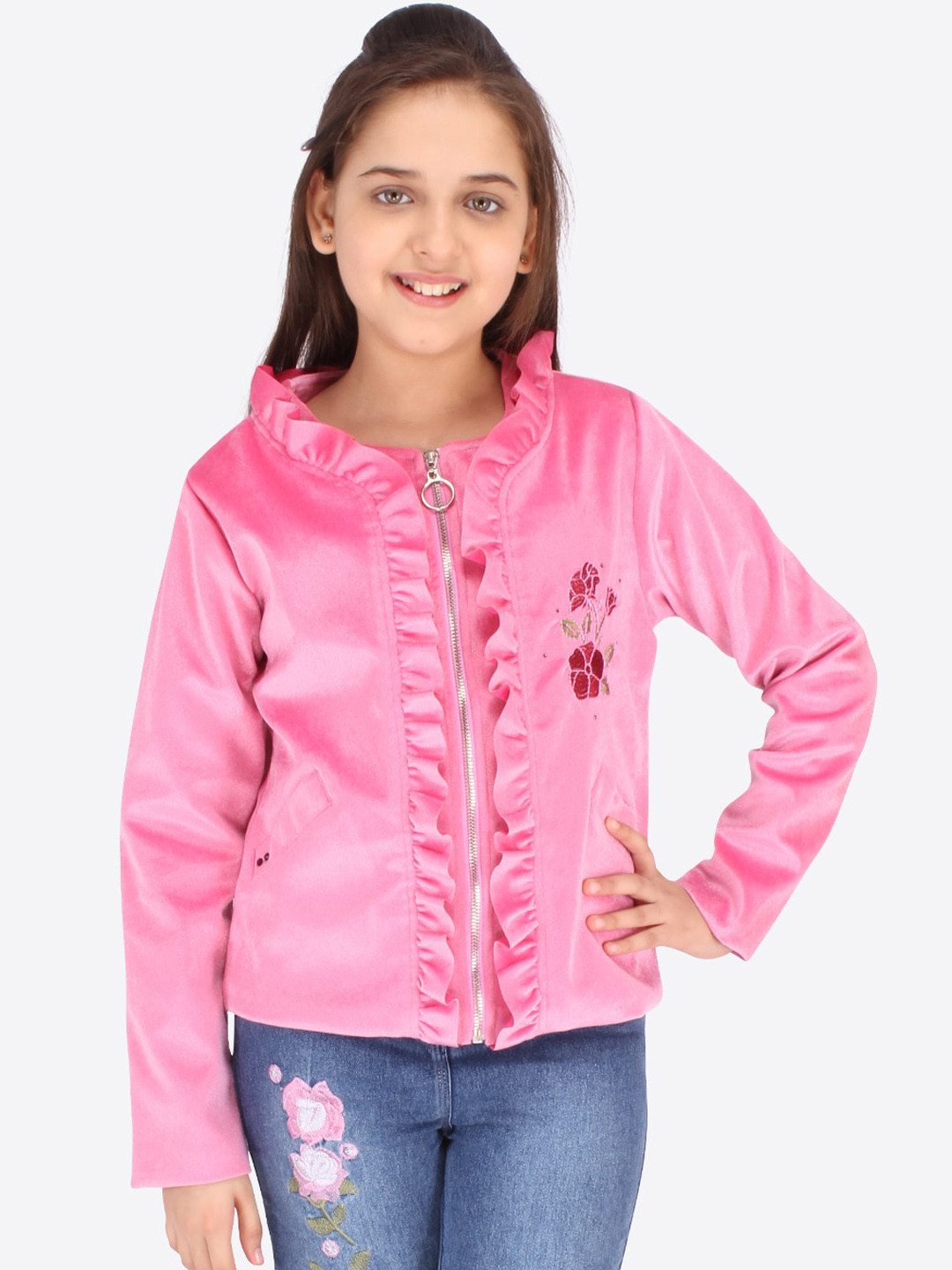 CUTECUMBER Girls Pink Suede Crop Padded Jacket with Embroidered