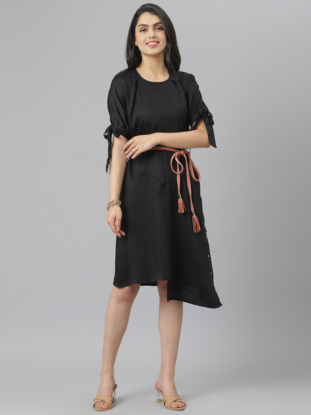 am ma Black Satin A-Line Dress