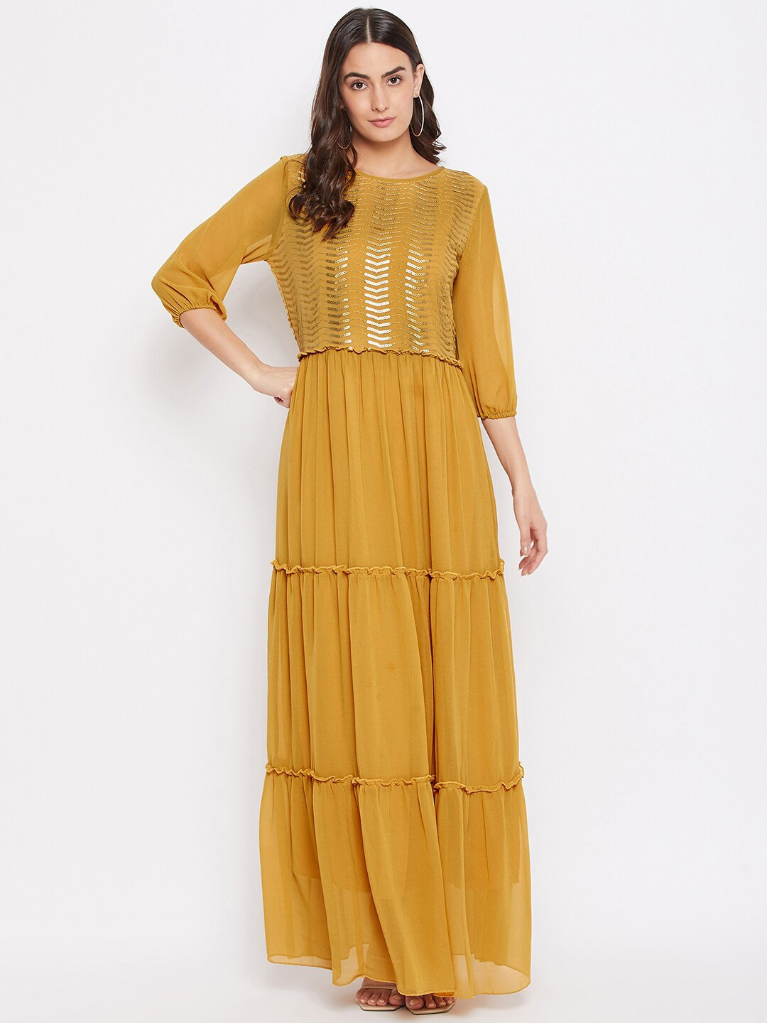 Bitterlime Mustard Yellow Georgette Tiered Maxi Dress