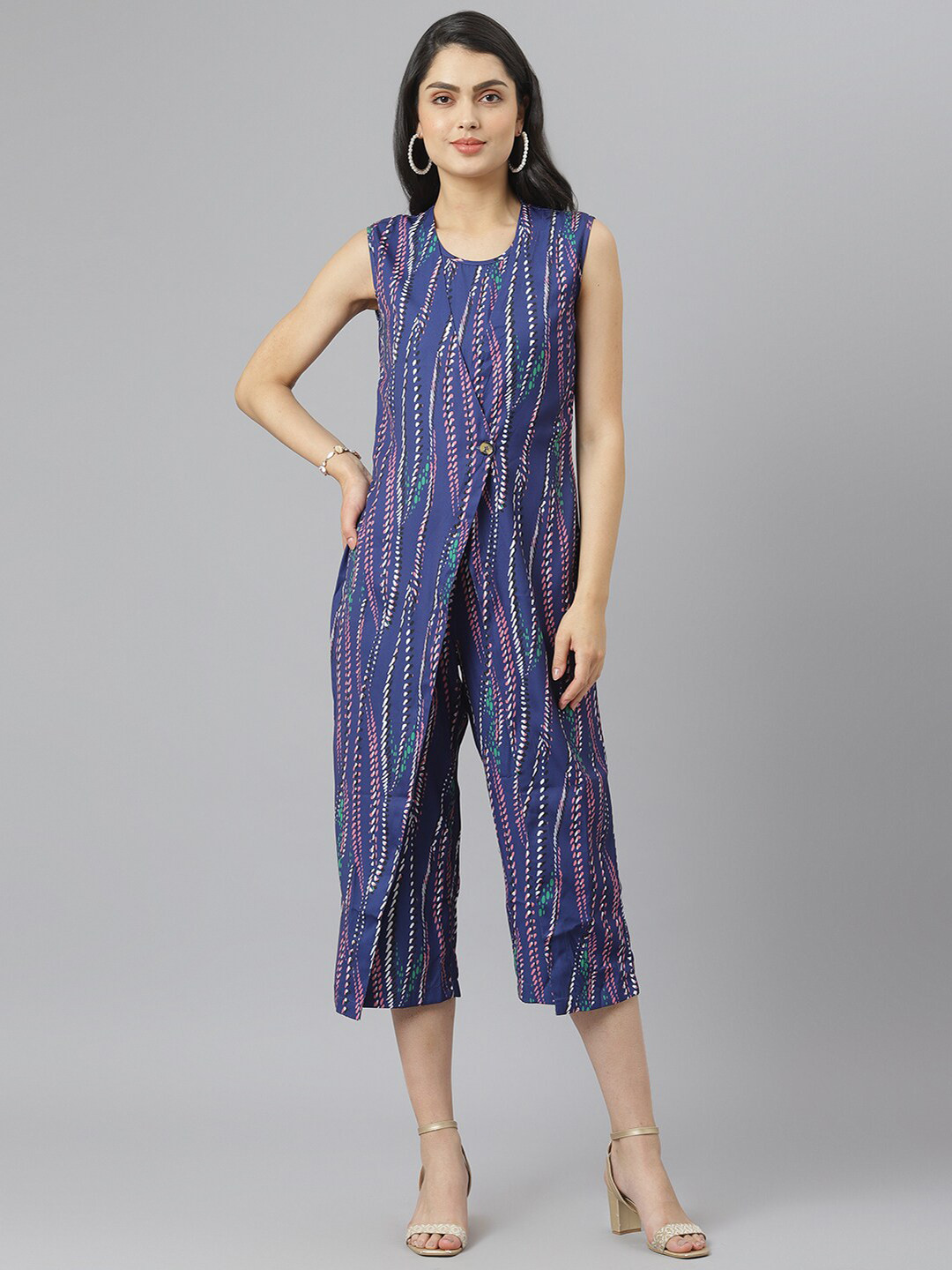 am ma Women Navy Blue Printed Layered Capri Jumpsuit