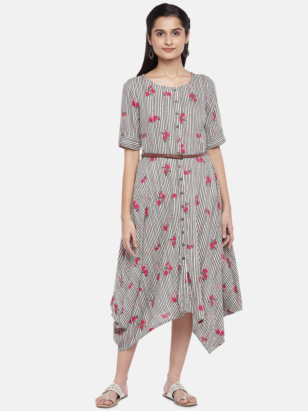 AKKRITI BY PANTALOONS Off White & Black Floral A-Line Midi Dress