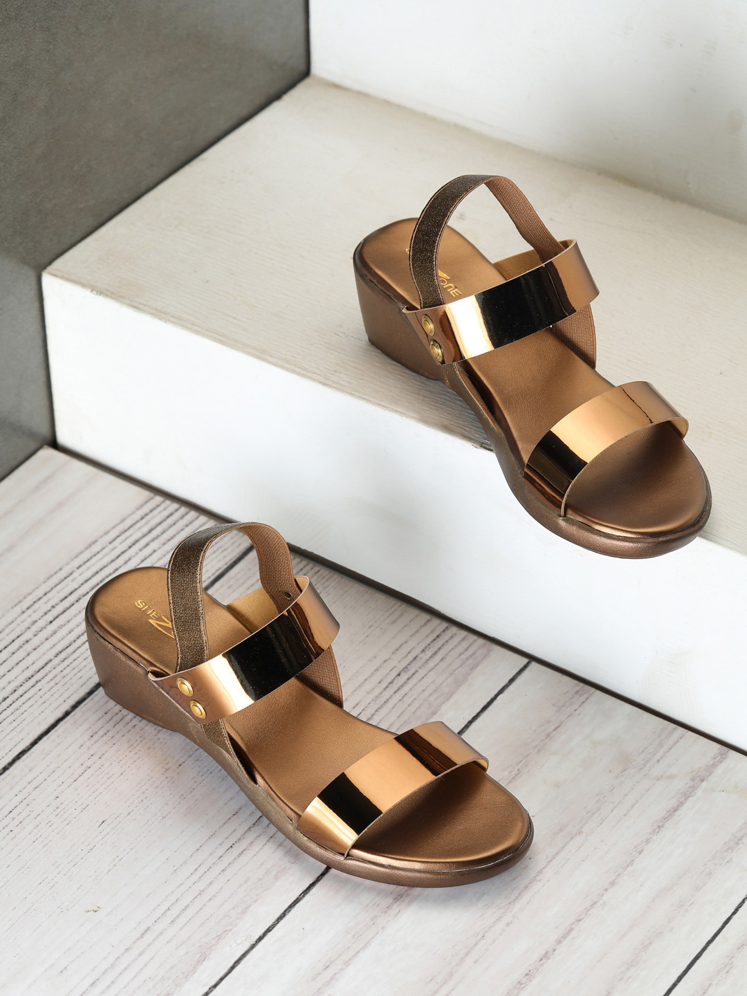 Shezone Copper-Toned Embellished Block Pumps with Buckles