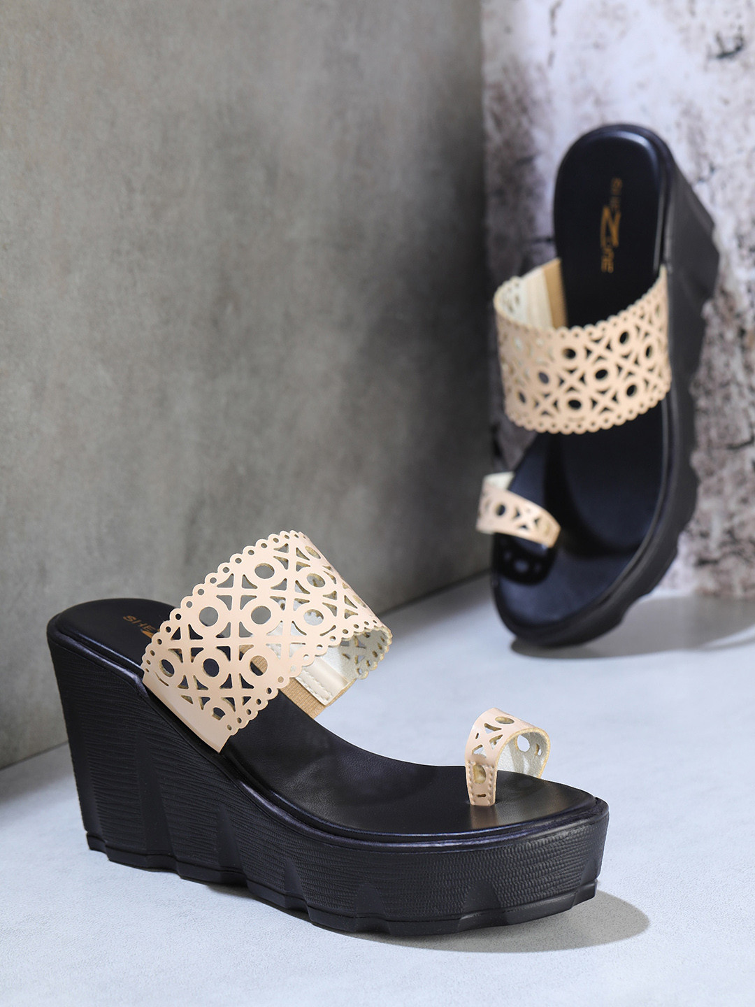 Shezone Women Cream-Coloured Wedge Heels with Laser Cuts